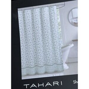 TAHARI Home Fabric Shower Curtain White & Green Floral Border Botanical New